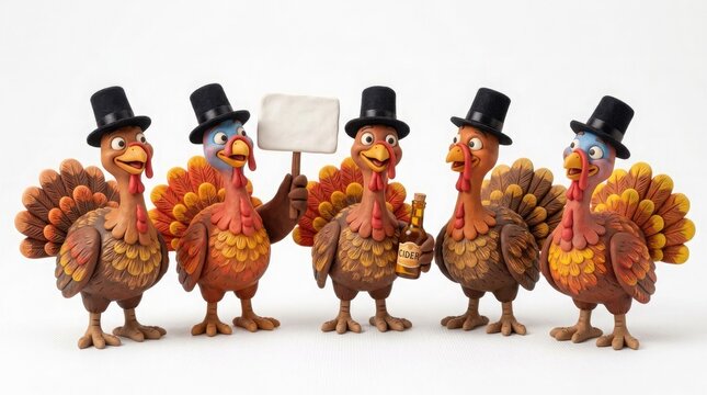 A festive lineup of anthropomorphic turkeys dressed in formal attire for a delightful thanksgiving celebration