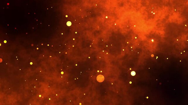 Bright golden floating particles on dark red background, slow motion blury particle animation, holiday congratulation greeting party happy new year, christmas celebration concep