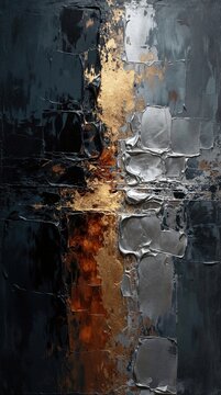 Abstract expressionist painting with heavy impasto texture. Dark black, grey background features thick brushstrokes. Shiny gold, silver metallic accents create dramatic contrast. Modern fine art