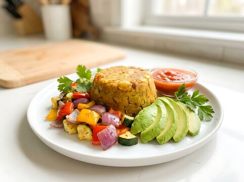 A delicious plate of mashed plantain mofongo served with roasted vegetables and fresh avocado slices. Mofongo recipe