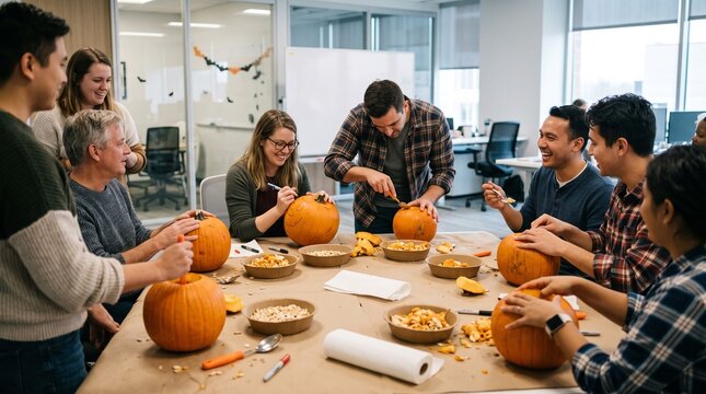Coworkers carving pumpkins together around a table in a decorated office. Team Halloween activity. Workplace celebration and seasonal craft. Group collaboration and creative bonding