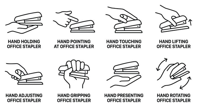 Office stapler actions collection vector icons with hands interacting.