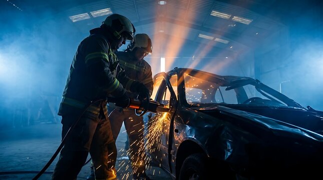 Firefighters using hydraulic rescue tools to cut open a crashed car during a vehicle extrication training exercise