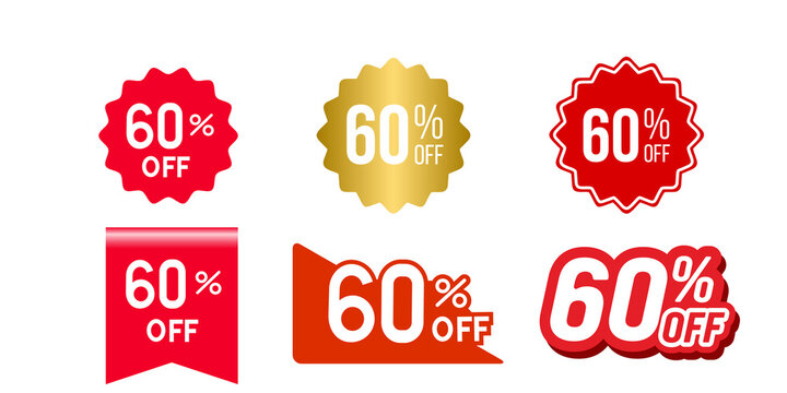 Sixty percent off sale badge collection featuring varied shapes and metallic gold or vibrant red colors for retail e commerce website
