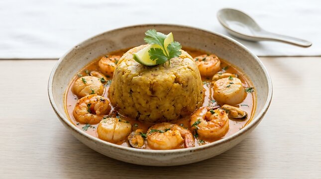 Delicious mofongo dish with fried shrimp served in a round bowl on a wooden table for lunch meal. Mofongo recipe