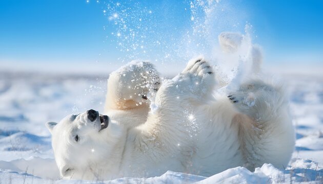 Playful polar bear rolling upside down on icy snow ground under clear blue sky in arctic wilderness.