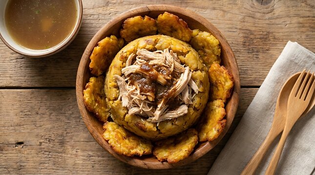 Delicious mofongo dish with shredded chicken meat served in a wooden bowl on a rustic kitchen table. Mofongo recipe