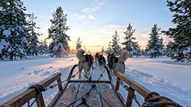 Point of view husky dog sledding in a winter forest at sunset