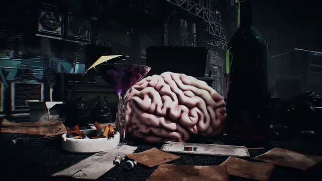 Alcohol and smoking harmful effects on the brain. Human brain discarded in a garbage bin with alcohol bottle and smoldering cigarette, symbolizing addiction and health risks. 4k animation