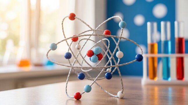 Atomic molecular structure with electrons on a black or blue background, symbolizing science, chemistry, and nuclear physics