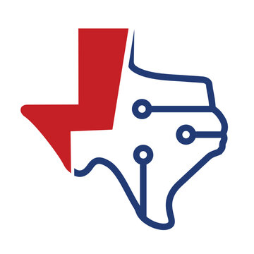 Texas map with voltage icon, and panel circuit.  Texas Power Energy Logo design vector.