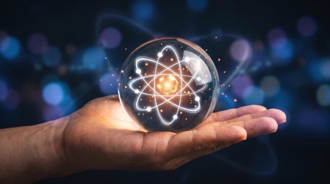 Futuristic glowing atom model in human hand, scientific nuclear energy concept, glowing glass sphere with atomic particles, quantum physics research