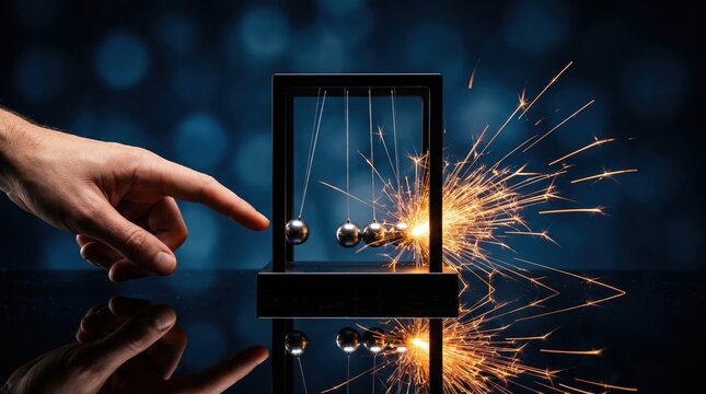 A hand pulls a Newton's cradle metal ball creating a glowing spark and physics chain reaction.