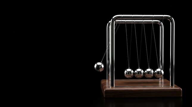 Newton's cradle poster. The pendulum in action. Dark background.