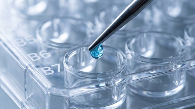 Laboratory researcher filling multiwell plate with blue reagent using precision micropipette for scientific analysis laboratory research experiment