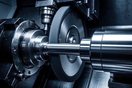 CNC cylindrical grinding machine performs precision metalworking process. High accuracy industrial equipment shapes steel shaft using rotating grinding wheel. Close up of automated machining tech