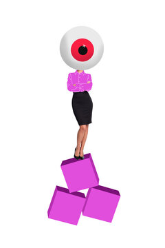 Banner trendy 3d photo collage of anonym girl instead head cyclops eyeball stare freemason cartoon character observer business