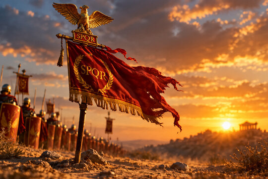 A red Roman legionary standard with a golden eagle planted in sandy soil.