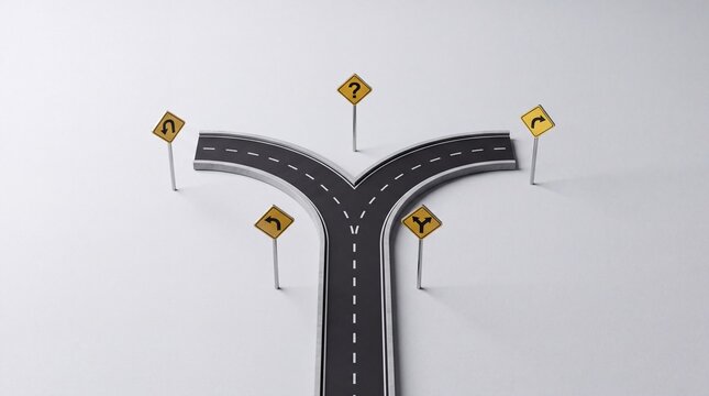 Top down overhead view of a 3D asphalt road forking into two directions with yellow traffic signs including a question mark and arrows representing decision making and choosing a life path