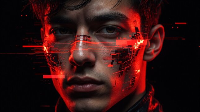 Portrait of young man with digital face glitch effect. Red glowing tech lines, data patterns morph human features into cyber abstraction. Concept of artificial intelligence, digital transformation,