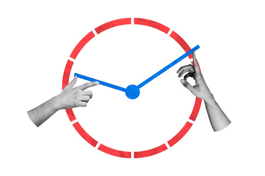 Composite photo collage of hands point alarm clock arrow early morning alarm second deadline limit hour isolated on painted background