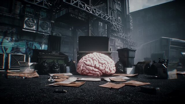 Human brain discarded as obsolete in the age of artificial intelligence, symbolizing technological progress, AI replacing human thinking and the changing role of the human mind. 4k animation.