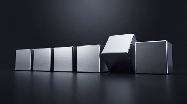 Minimalist 3D Illustration of Premium Brushed Metal Cubes in a Row with One Tilted Square for Business Concept of Uniqueness, Leadership, and Quality Commercial Upgrade Design on Dark Background