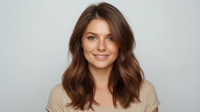 Mujer joven y hermosa con cabello casta&ntilde;o ondulado, piel oliva, ojos color avellana, maquillaje natural y expresi&oacute;n c&aacute;lida, que viste una blusa beige