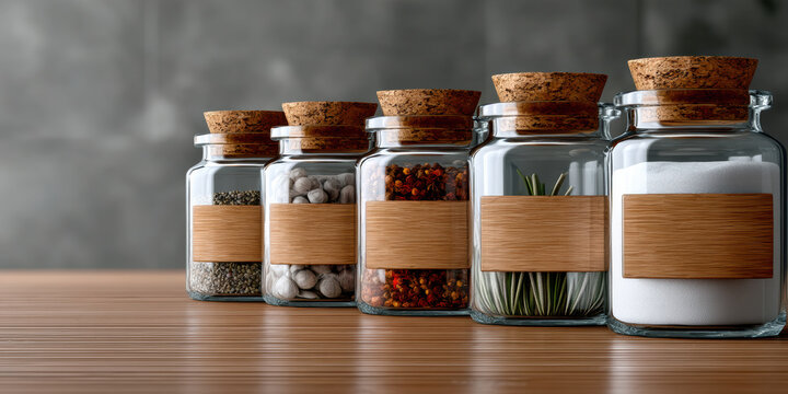Glass spice jar with cork lid wooden label pepper salt herb kitchen modern organized clean natural style