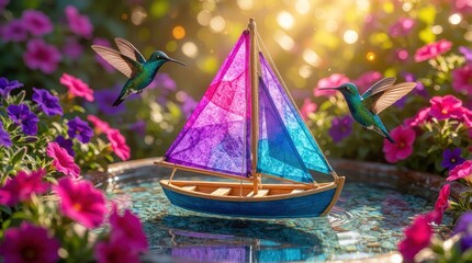 Naklejka premium Small blue wooden sailboat floats on water surface in garden. Colorful origami paper sails catch sunlight. Two green hummingbirds fly near boat among bright pink, purple petunia flowers. Whimsical