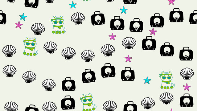 Summer vacation pattern with cats, suitcases, and seashells