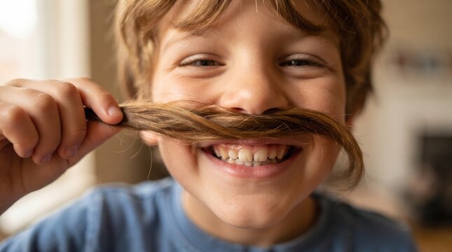 Boy making a pretend mustache with his hair