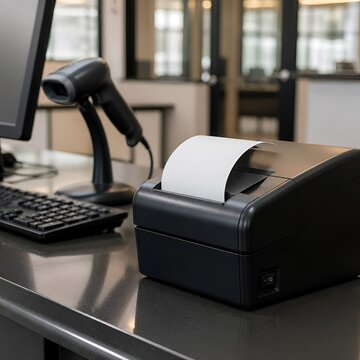 POS Thermal Receipt Printer with Barcode Scanner on Retail Checkout Counter