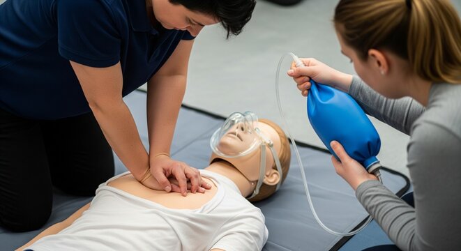 CPR training on a mannequin with bag valve mask ventilation