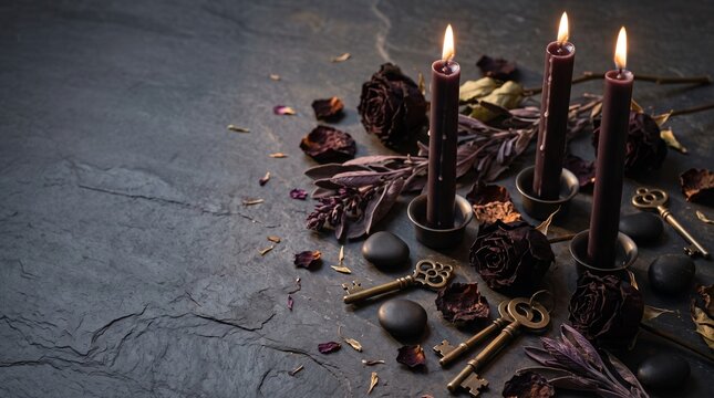 Gothic mystical still life with burning dark candles vintage keys and dried purple roses on slate