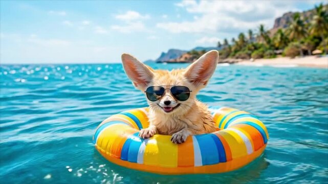 Small dog floating in a colorful swim ring at a tropical beach. Pet summer vacation. Beach holiday and aquatic recreation. Cute animal travel concept.