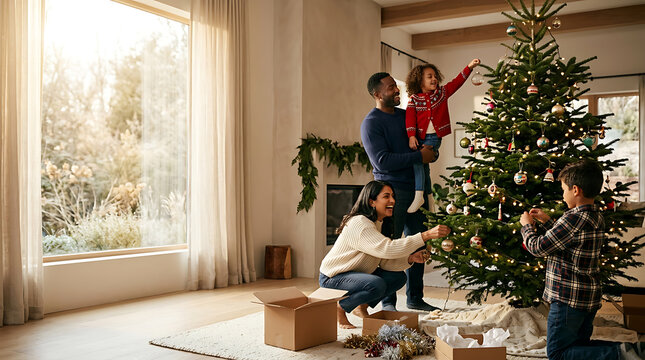 Happy diverse family decorating Christmas tree together in cozy bright living room with ornaments and cardboard boxes, father holding daughter, mother and son helping   