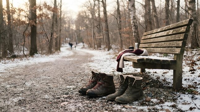 Two pairs of hiking boots placed on a snowy trail path beside a wooden bench with scarf thermos winter