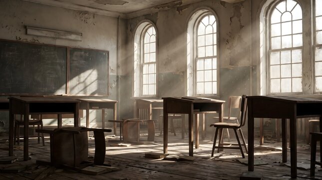 Abandoned Classroom with Sunlight Beams through Windows