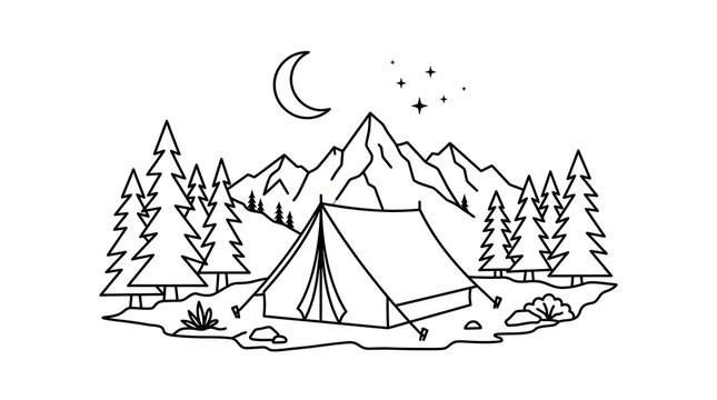 A simple black and white line art illustration of a camping tent in the mountains with trees mountains crescent