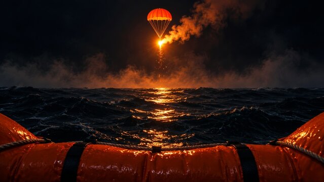 Parachute flare illuminating stormy ocean water beside a life raft at night