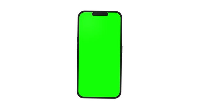 Smartphone with green screen isolated on white background. 4K animation with mobile phone mockup and motion zoom effect