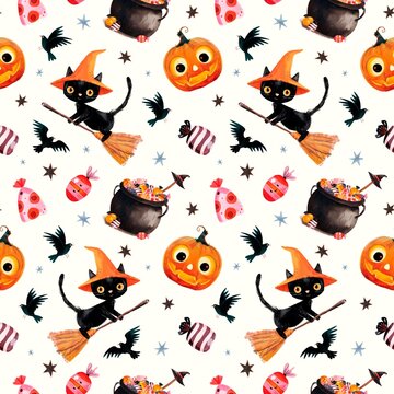 Halloween Seamless Pattern with Black Witch Cats, Candy-Filled Cauldron, Sweets, Ravens and Stars