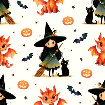 Cute Halloween Seamless Pattern with Witch and Cat, Dragon, Bats and Pumpkins on a Light Background