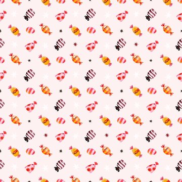 Halloween Candy Seamless Pattern with Colorful Sweets on a Light Background, Cute Trick or Treat Holiday Design