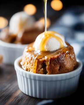 Delicious sticky toffee pudding with vanilla ice cream and caramel sauce drizzled over the top, served in a white ramekin
