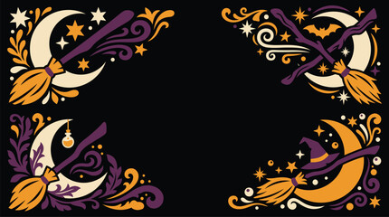 Spooky Halloween vector corner frame border set illustration featuring stylized witch broomsticks, crescent moons, flying bats, magic potion bottles, and glowing stars on a black b © MOSTHASNAHENA