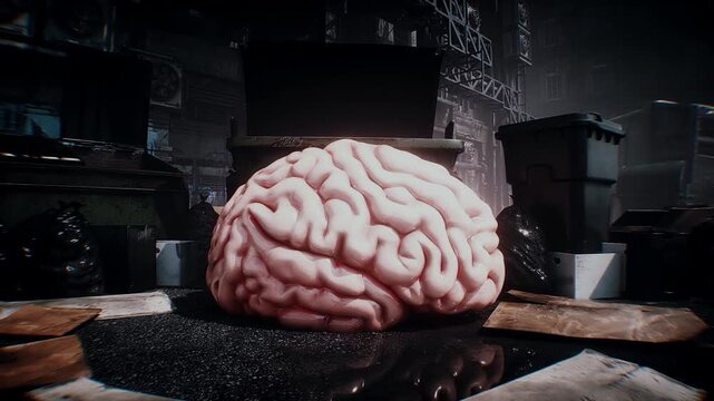 Human brain discarded as obsolete in the age of artificial intelligence, symbolizing technological progress, AI replacing human thinking and the changing role of the human mind. 4k animation.