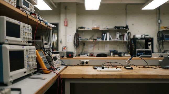 Electrical Engineering Lab with Oscilloscopes and Circuit Breadboards
