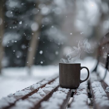 A steaming mug of coffee rests on a snow-covered wooden bench, surrounded by a winter wonderland. Snowflakes gently fall, creating a serene and cozy atmosphere